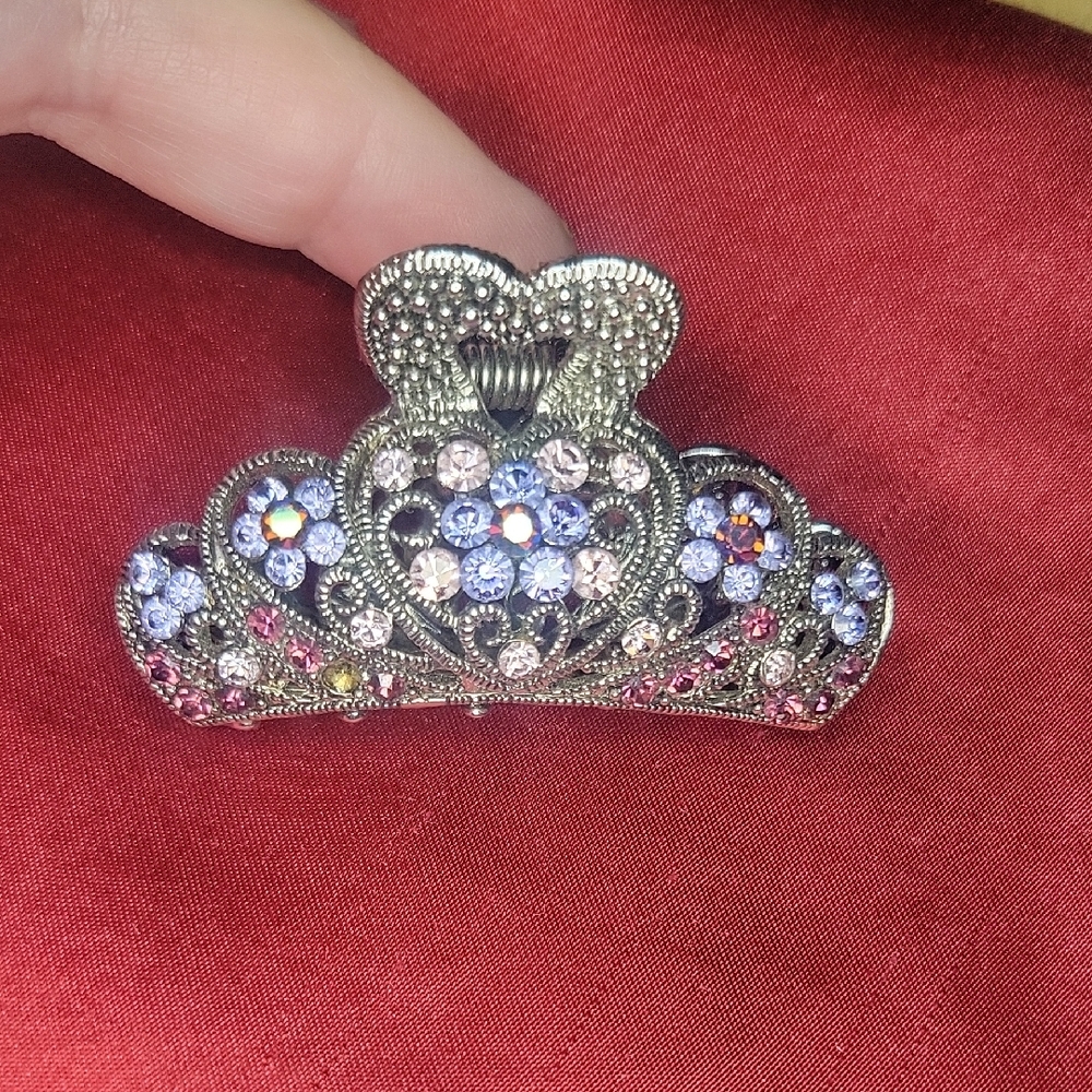 Sparkling Vintage AB, Wine, Lavender, And Pink Crystal Filigree Hair Clip